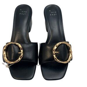 A New Day Heeled Sandals Womens 6.5 Black Faux Leather Block Heel Gold Buckle